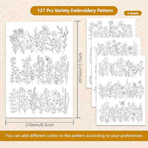 INFUNLY 12pcs Wildflower Water Soluble Embroidery Stabilizer 4 Sheets Self Adhesive Washable Stabilizer with Pre-Printed Spring Plant Hand Sewing Stabilizer for Embroidery Stick Stitch Transfer Paper