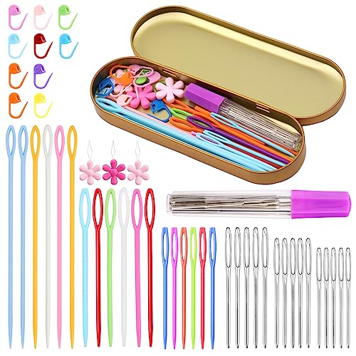 SHWAKK 48Pcs Plastic Large Eye Sewing Needles,Yarn Needles for Crocheting