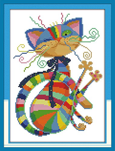 Stitchmelody 14CT Counted Cross Stitch Kits,DMC Unprinted Pattern Embroidery Set Needlework-Colorful Cat 9.8''×13'' - color: 14CT Counted/Unprinted Kit, Colorful cat 9.8''×13''