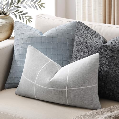 2 Packs Grid Embroidery Lumbar Pillow Covers 12x20in Light Grey - color: Light Grey, size: 20" x 12" (Pack of 2)