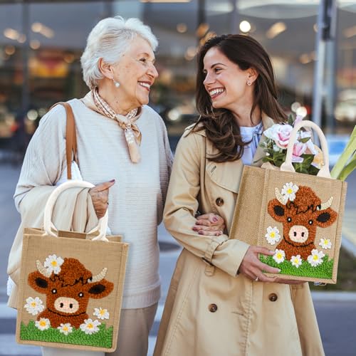 PUNICA Punch Needle Kits for Beginners with Highland Cow Pattern - Burlap Tote Bag for Adults & Kids, DIY Embroidery Starter Kit | Easy Craft Gifts (9x6.5x8.5 Inch)