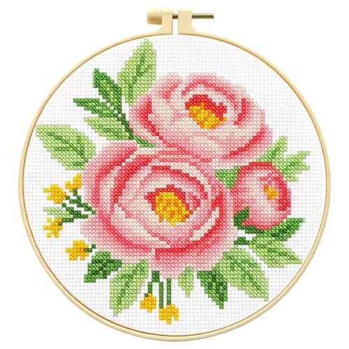 Zhenqing Pink Peony Cross Stitch Kit for Beginners - Complete Set with Pre-Printed 11CT 24x24cm Fabric, Hoop & Threads(70357) - color: 70357