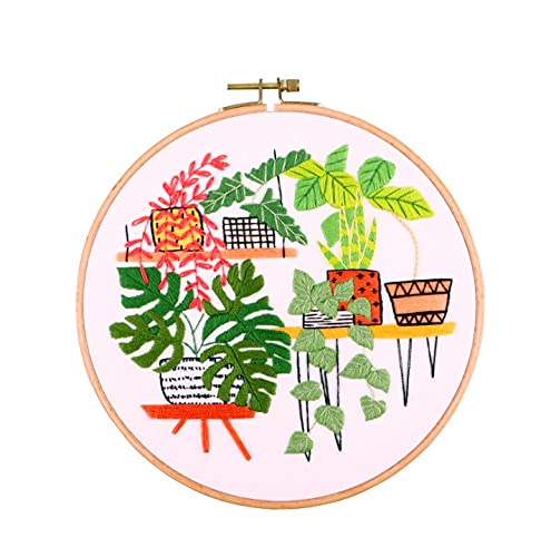 SUQUUB 3 Sets Embroidery Starter Kit with Pattern and Instructions,Cross Stitch Beginner Kits with Frame,3 Plastic Embroidery Hoops,3 Embroidery Clothes and Color Threads (3 X Plant Pattern) - color: 3 X plant pattern