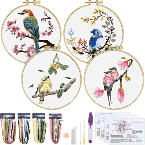 ERKOON 4 Sets Embroidery Kit for Beginners,Hummingbird and Flower Cross Stitch Set for Include Embroidery Cloth Hoops Threads for Craft Lover Hand Stitch (Flowers and Birds) - color: Flowers and Birds