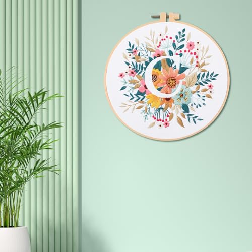 IUHUI Embroidery Kit for Beginners Adults - 26 Floral Letters Easy Patterns, DIY Hand Stitching Embroidery Set with Hoop (Flower and Grass Letter C) - color: Flower and Grass Letter C