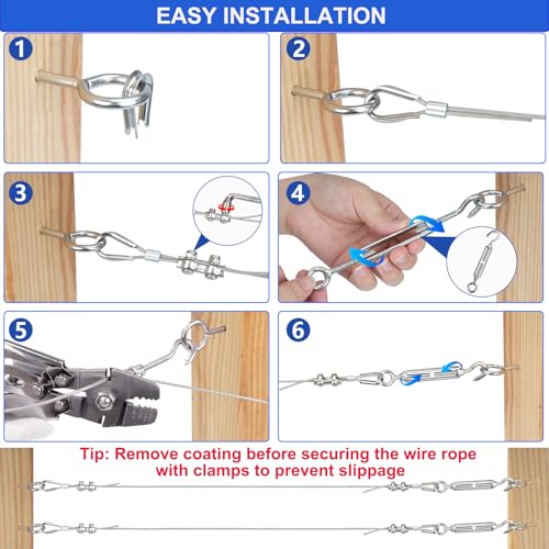 TooTaci 1/16 Wire Rope Kit, 100ft Vinyl Coated 304 Stainless Steel Cable - style: 100ft 1/16" Wire Rope with Clamps