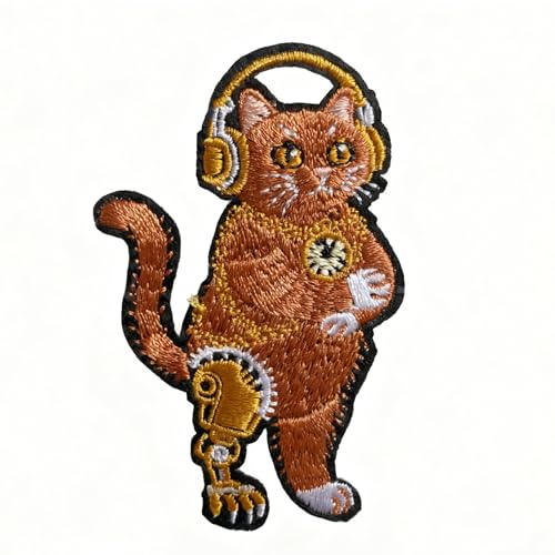 U-Sky Sew or Iron on Embroidered Patches | Post-Apocalyptic Gilded Cat with Gold Gears & Steampunk Goggles Design | Luxury Animal Theme for Jackets Bags Denim | 2.6"x3.1" 3PCs Pack - color: Shorthair Wasteland