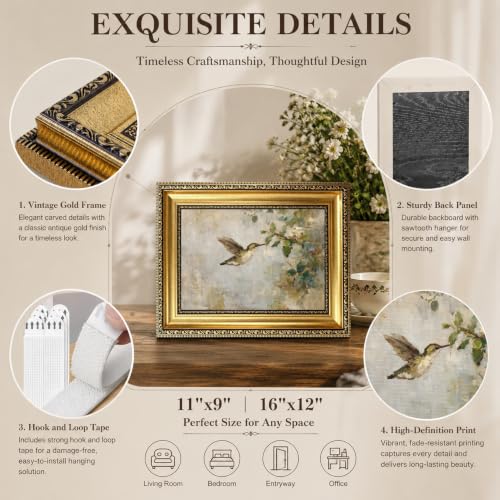 Vintage Gold Framed Hummingbird Wall Art,Antique Frame Bird Canvas Print - color: Hummingbird Gold Framed, size: 11"L x 9"W