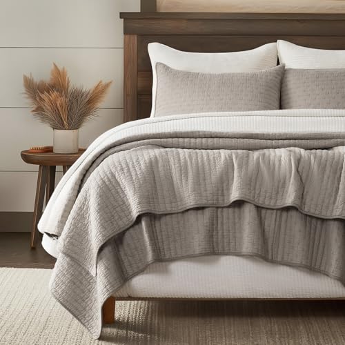 EVERGRACE 100% Cotton Cross Stitch 3-Piece Quilt Set, Queen, Taupe - color: Taupe, size: Full/Queen (92" X 96")