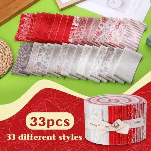 Jelly Roll Fabric Strips for Quilting, Crafting, Blanket, Upholstery, Floral Pattern Fabric Kit for Hand Decoration, Sewing DIY - color: Red