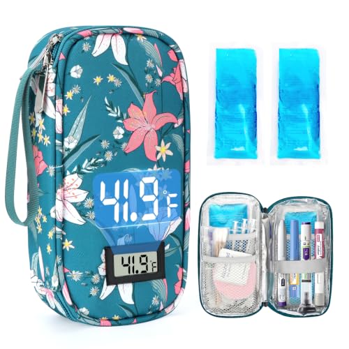 YOUSHARES Insulin Cooler Travel Case - TSA Approved Diabetic Medication Pen Cooling Bag with Temperature Display, Refrigerated Peptide Supplies Organizer Insulated Storage Kit with 2 Ice Pack - color: 11_Lily
