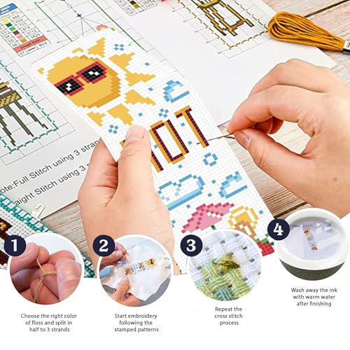 FREEBLOSS 6 Set Cross Stitch Bookmark Kits for Beginner Cartoon Summer Stamped Cross Stitch Kit DIY Embroidery Bookmark Kit with Instructions 8'' x 2.4'' - style: Cartoon Summer