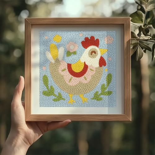 Doodlream Cute Chickens DIY Punch Needle Embroidery Kit for Adult Beginner, 9.4" Rooster Animal Punch Stitching Craft Set for Starter with Frame, Fabric Pattern, Threader, Yarn, Pinch Needle - color: Chickens