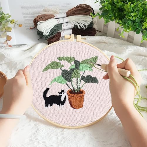 KESTAR Punch Needle Embroidery Starter Kits, Black and White Cat Plant Punch Needle Kits for Adults Beginner, Needle Punch Kit Tool with Instruction Threader Fabric Yarns and Hoop - color: Black White Cat