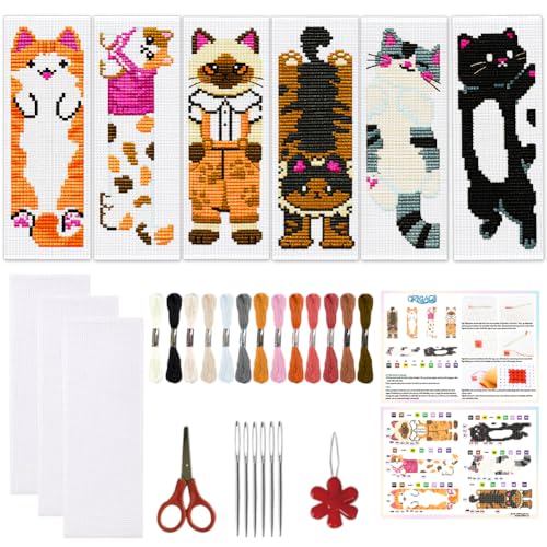ORIGACH 6 Set Vivid Cute Cat Cross Stitch Bookmark Kit for Beginner - style: Cat