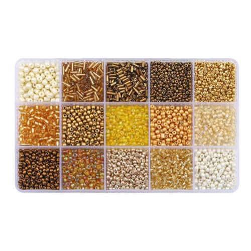15 Grid Gold Glass Seed Bugle & Tube Beads Kit for Jewelry Making DIY Craft - color: Gold, size: 15 Grid