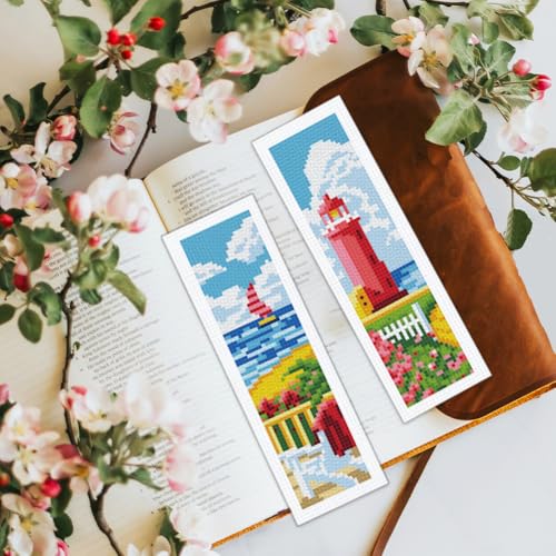 BEUNITONE 6 Pcs Summer Cross Stitch Bookmark Kits for Adults Beginners DIY Scenery Bookmarks Cross Stitch Kits with Instructions Bookmarks Punch Needle Kit for Book Lovers Reader Gift 8''x2.4'' - style: Coastal Scenery