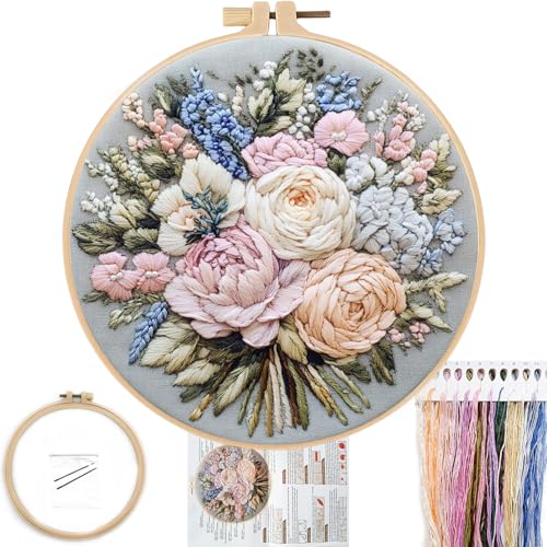 FONNUY Bouquet Flowers Embroidery Kit for Beginners, Pre-Stamped Pattern Kits for Adults with Hoop, Easy to Follow Color Thread Needlework, 8'' Hoop (Heartwarming) - style: Heartwarming