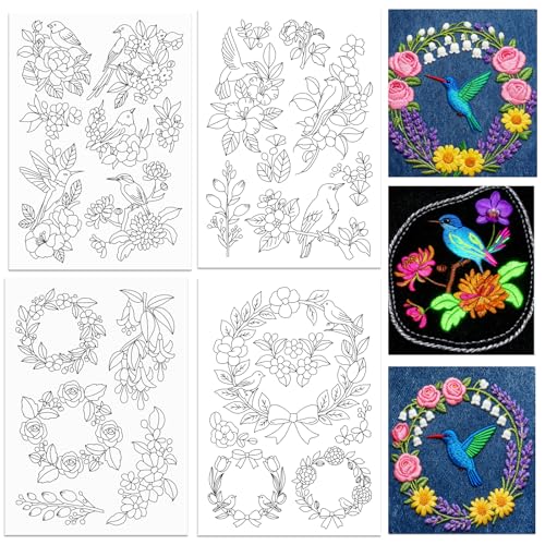 ORIGACH 4 Sheets Water Soluble Embroidery Patterns Stabilizers - Pre-Printed Birds & Flower Garlands Designs - Stick & Stitch Embroidery Paper for Hand Sewing Lovers - color: Birds & Flower Garlands