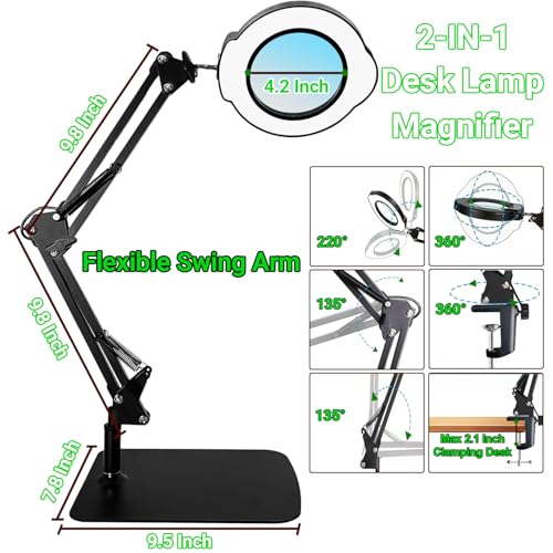 15X Magnifying Glass with Light and Stand, 5 Color Modes 10 Levels Adjustable Brightness, 2-in-1 Desk Lamp with Clamp, Hands Free LED Light Magnifier for Craft Hobby Reading Repair Close Works