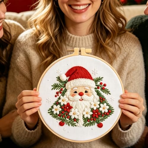 FONNUY Cute Christmas Embroidery Kit for Beginners, Festive Winter Pre-Printed Pattern & Supplies Set for Adults, DIY Handmade Needlepoint Kits Wall Art, 8'' Hoop (Santa Claus) - color: Santa Claus