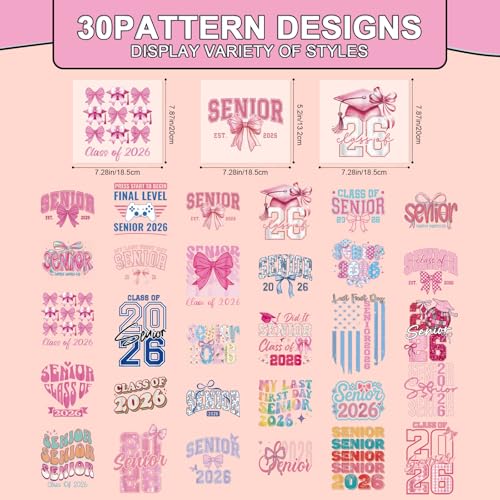 Rngmsi Dtf Transfers Ready to Press - 30 Pcs Happy Graduation 2026 Iron on Patches for T-Shirts, Iron on Stickers, Bow Heat Transfer Vinyl Decals for DIY Fabric Clothes Decor - style: Happy Graduation