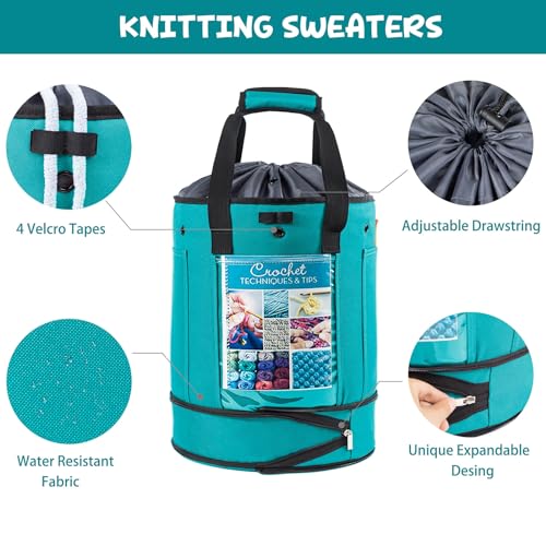 MYBAGZING Expandable Crochet Organizer - Yarn & Crochet Tote with Drawstring Closure - Ideal Gift - color: Teal-Ⅰ, size: Large-Drawstring Closure