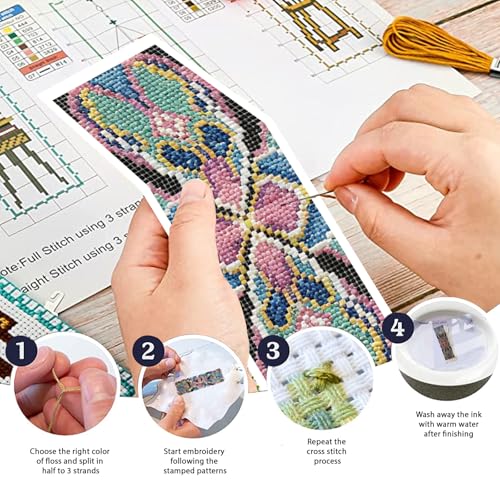 FREEBLOSS 6 Set Cross Stitch Bookmark Kit 11 CT Complete Stamped Cross Stitch Kit DIY Embroidery Bookmark Kits for Adult Beginners with Instructions, Retro Floral Pattern, 6 x 20 cm/8" x 2.4" - style: Retro Black Background