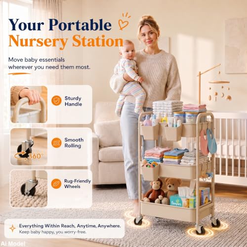 Beige 3 Tier Rolling Storage Cart Metal on Wheels, Cream Diaper Caddy Carts - color: Gentle‌ Beige, size: 3 Tier + Cups + Hooks