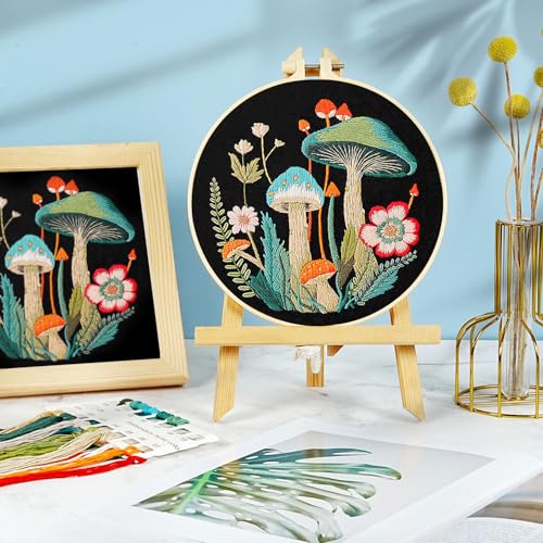 Mushroom Embroidery Kit for Beginners Adults, Stamped Hand Embroidery Kit, Embroidery Starter Kit with Floral and Mushroom Design, Cross Stitch Kits with Printed Embroidery Cloth and Embroidery Tools - color: Black Multi