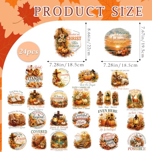 Dazoratix Fall Iron on Transfers - 24 Sheets Christian Jesus DTF Ready to Press Faith Autumn Pumpkin Cross Heat Patches Vinyl Stickers Bible Verse Religious Decals for T Shirts Clothes Bag DIY Crafts - style: Fall Faith