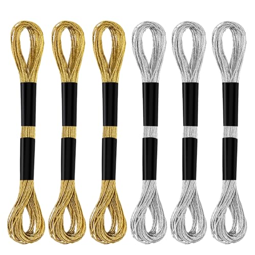 6 Skeins Embroidery Threads, Metallic Embroidery Floss (Gold + Silver) - color: Gold + Silver