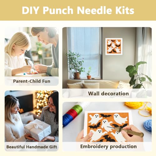 DOODLREAM Halloween Ghosts DIY Punch Needle Embroidery Kit for Adult Beginner, 9.4" Bat Punch Stitching Craft Set for Starter with Frame, Fabric Pattern, Threader, Yarn, Pinch Needle - color: Halloween Ghosts