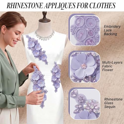 3D Flower Embroidery Beaded Applique Rhinestone Lace Patch Purple - color: Purple