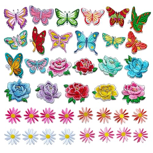 39Pcs Embroidered Iron On Patches, Butterfly Peony Daisy Iron on Patches Set, Colorful Applique Patches for Clothes Jackets Jeans Backpacks - color: Butterfly Peony Daisy