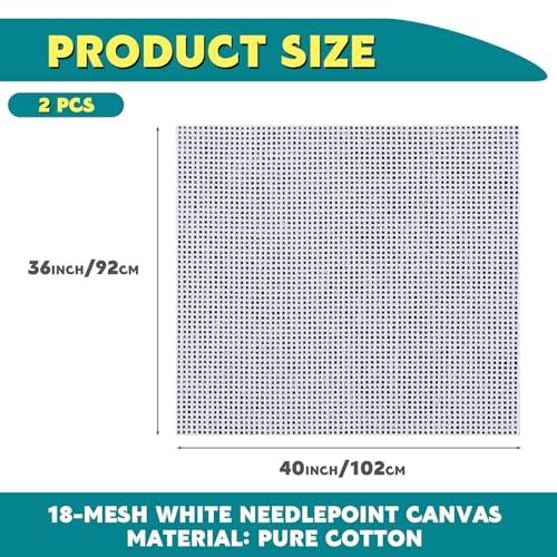 Knitgrip 2 Pack 40 x 36 Inches Needlepoint Canvas 18 Mesh Blank White Canvas Pure Cotton Needlepoint Mesh Twist Interlock for Embroidery DIY Knit Crochet Projects Make Dividers - size: 40 x 36 Inches