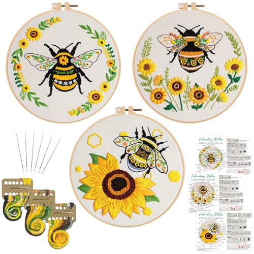Nuberlic 3 Pack Embroidery Kit for Beginners with Bee Pattern - color: BEE