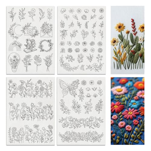 4 Sheets Water Soluble Embroidery Patterns Stabilizers Flowers Theme Embroidery Stick and Stitch Paper with Pre-Printed Flower Wreath Butterfly Patterns for Hand Sewing Lover Beginners - style: Flower A