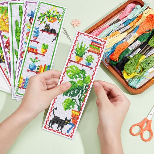 INFUNLY 6pcs DIY Cross Stitch Bookmark Kit Plant Stamped Embroidery Bookmark Kits Instruction Included 8.7x3.1 Black Cat Easy Cross Stitch Kits for Adults Beginners Book Needlepoint Bookmark Kit - style: Plant Book