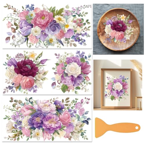 3 Sheets Vibrant Flowers Rub on Transfers for Crafts, 12×6in - style: Purple Flower Bouquet