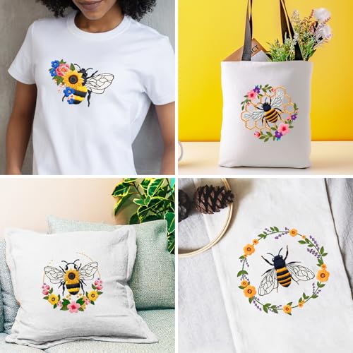 INFUNLY 4 Sets Bees and Flower Embroidery Kits for Beginner DIY Cross Stitch Starter Sets with Instruction Sunflower Honeybees Handmade Needlepoint Kits with Embroidery Cloth Colored Thread Hoop Tools - style: Bees