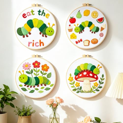 BEUNITONE 4 Set Embroidery Kits for Beginners with Easy Caterpillar Pattern, DIY Craft Kits Include Instructions and 2 Embroidery Hoops, Cross Stitch Needlepoint Kits for Craft Lover and Home Decor - style: A-Caterpillar