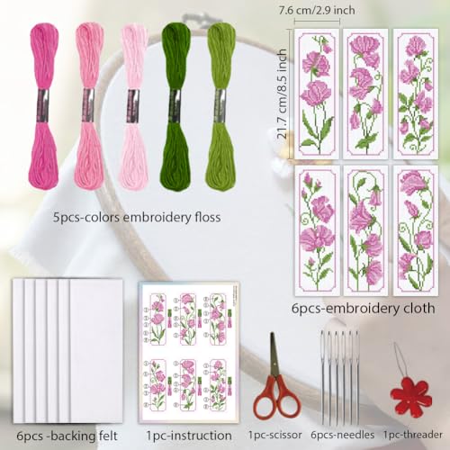ORIGACH 6 Set Pea Flower Cross Stitch Bookmark Kit for Beginner - style: Pea Flower