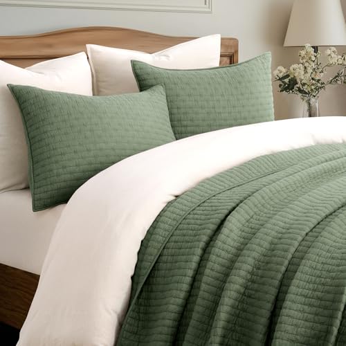 EVERGRACE Cross Stitch Pre-Washed Cotton Quilt Bedding Set King Size, Oversized 3 Pieces Lightweight Bedspread Coverlet for All Season, with 2 Matching Shams, Olive Green,108"x96" - color: Olive Green, size: King/Cal King (108" X 96")