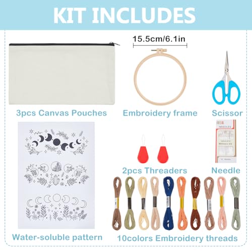 WEBEEDY 3 Sets DIY Embroidery Zipper Pouch Kit Include Moon Pattern,Embroidery Hoop,Color Threads and Tool for Beginners,Handmade Sewing Canvas Makeup Bag Cosmetic Bag for Adults