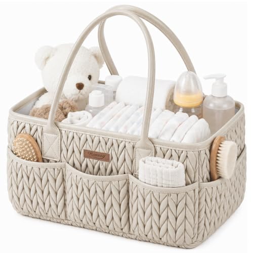 Konssy Baby Diaper Caddy Organizer, Braided Quilted Design with PU Handles - color: Snow Gray
