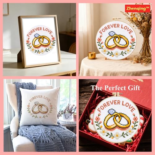 Zhenqing Forever Love Cross Stitch Kit with Wedding Rings, 11CT Printed 20x20cm for Beginners, Romantic Embroidery Set with 16cm Hoop(70837) - color: Forever Love
