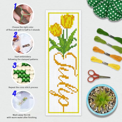 BEUNITONE 6 PCS Cross Stitch Bookmark Kit for Adults Beginners,Text and Flowers Pre-Printed Cross Stitch,DIY Stamped Embroidery Bookmark Kits,with Instructions,Craft Kit for Book Lovers 8.5''x3'' - style: Text And Flowers
