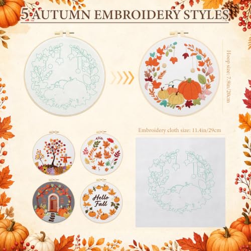 5 Sets Fall Embroidery Kits for Beginners, Autumn Pumpkins and Maple Leaves Embroidery Starter Kit for Adults Thanksgiving Gifts with Stamped Pattern DIY Needlepoint Kit Cross Stitch Set with 2 Hoops - size: Fall