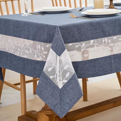 Polyester Fabric Tablecloth with Exquisite Embroidery Sheer Border-Waterproof/Wrinkle Resistant-for Dining,Indoor&Outdoor,Wedding,Holiday,Denim Blue,Rectangle 60x102Inch - color: Denim Blue, size: 102" x 60" (Rectangular)